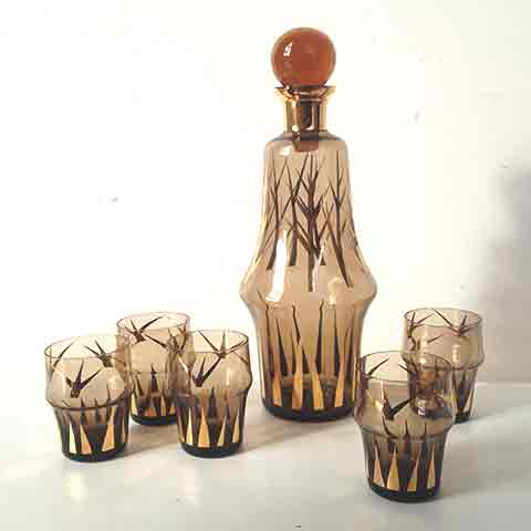 DECANTER SET, 1960s - 70s Smoke Gold (Decanter & 5 x Glasses)